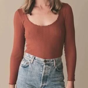 DOEN Romy Buckeye Orange Pointelle Knit Ruffle Scoop Neck Long Sleeve Shirt XXL